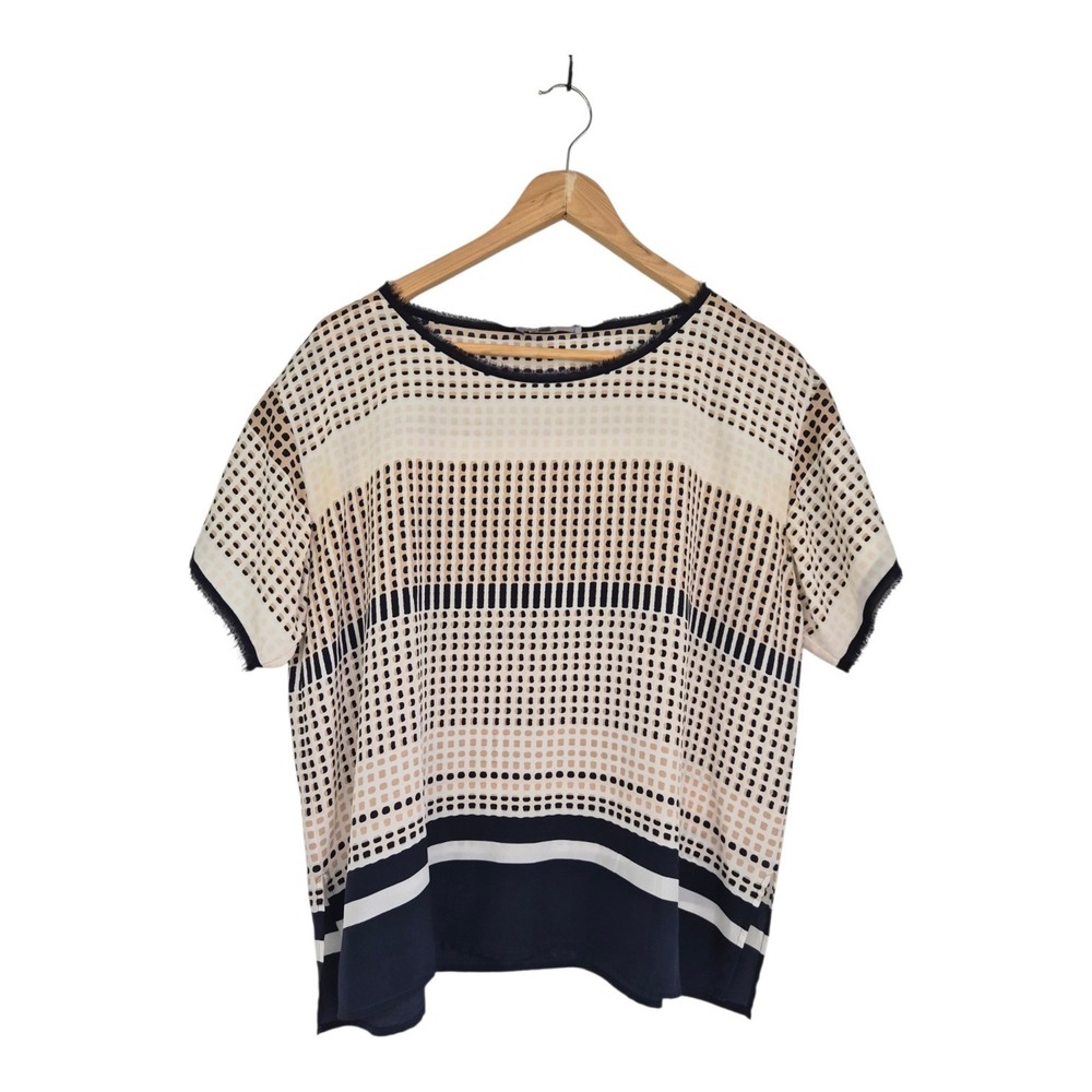 Vince 100% Silk Geometric Print Blouse Small Black Ivory Tan Quiet Luxury